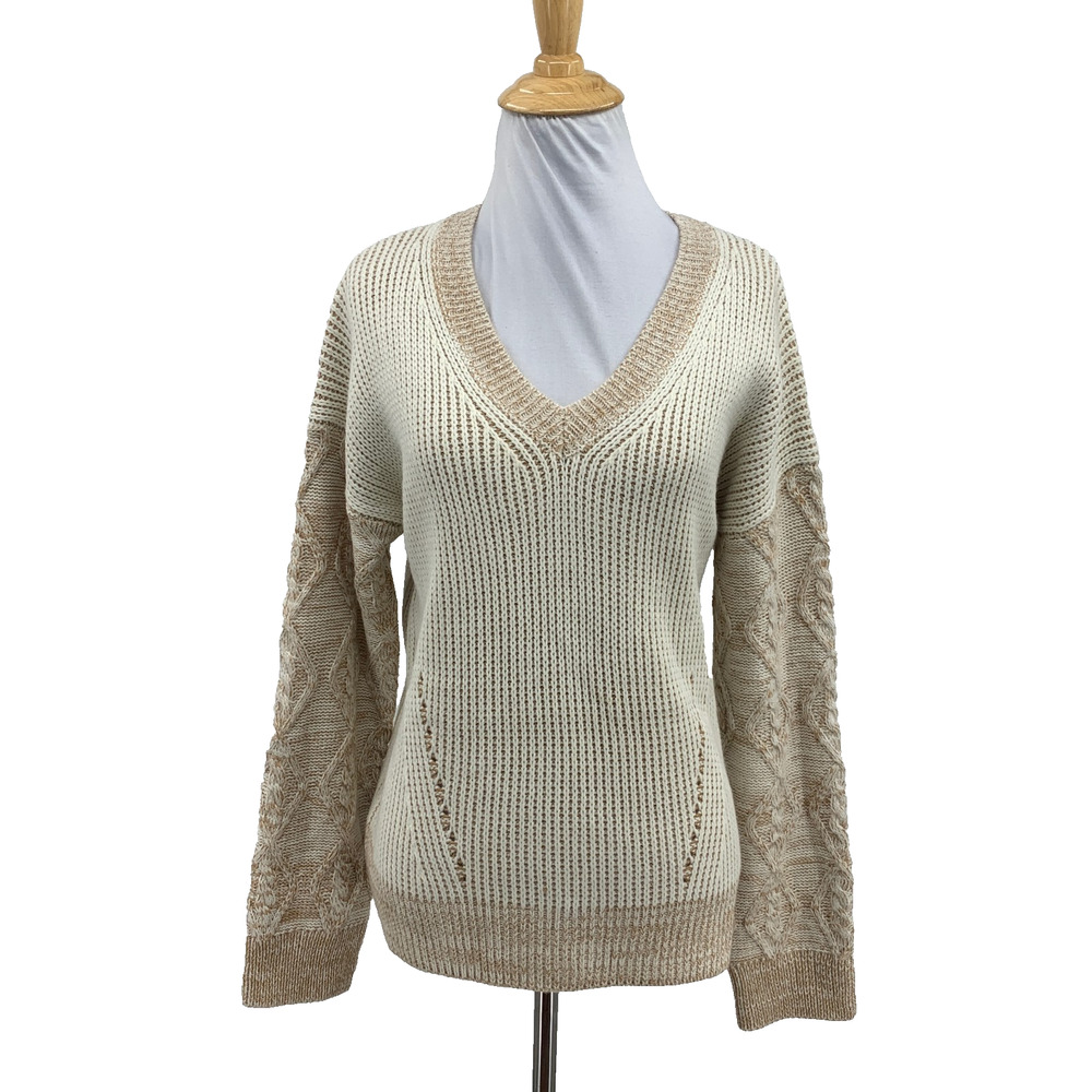 Bohme Sweater Womens S Small Cream Taupe V Neck Cable Knit Textured Pullover